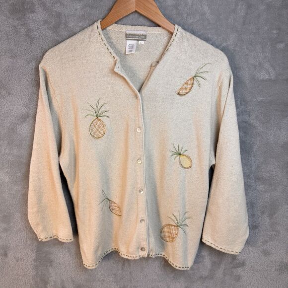 Silk Cotton Blend Cardigan Sweater Womens Large Ivory Pineapple Embroidery - Picture 1 of 13